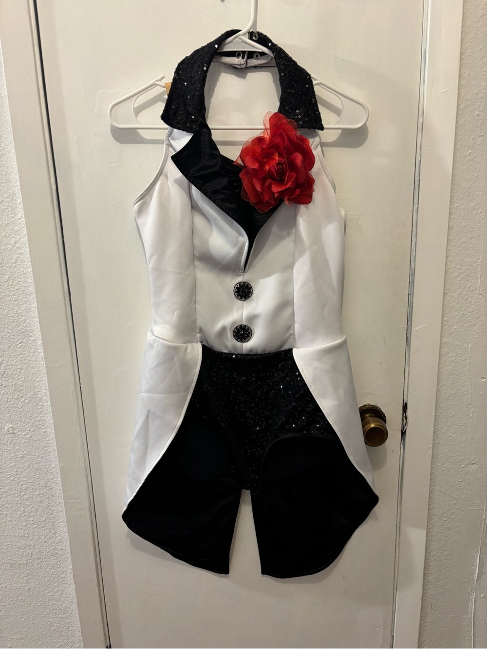 Weissman White and Black Halter Bodysuit with Red Flower